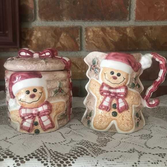 Rare Vintage Hand Painted Gingerbread Man Christmas Sugar/Creamer - Picture 1 of 12